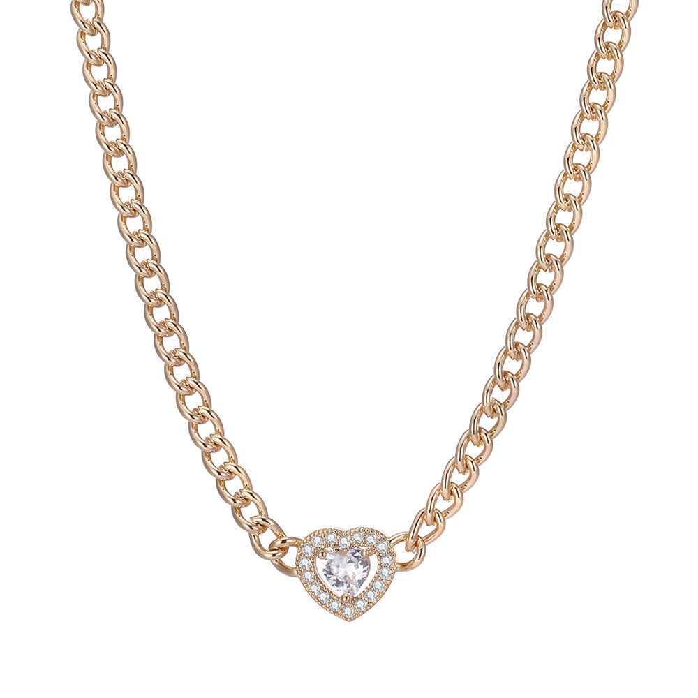 New Copper Zirconia Cuban Link Necklace with Heart Pendant