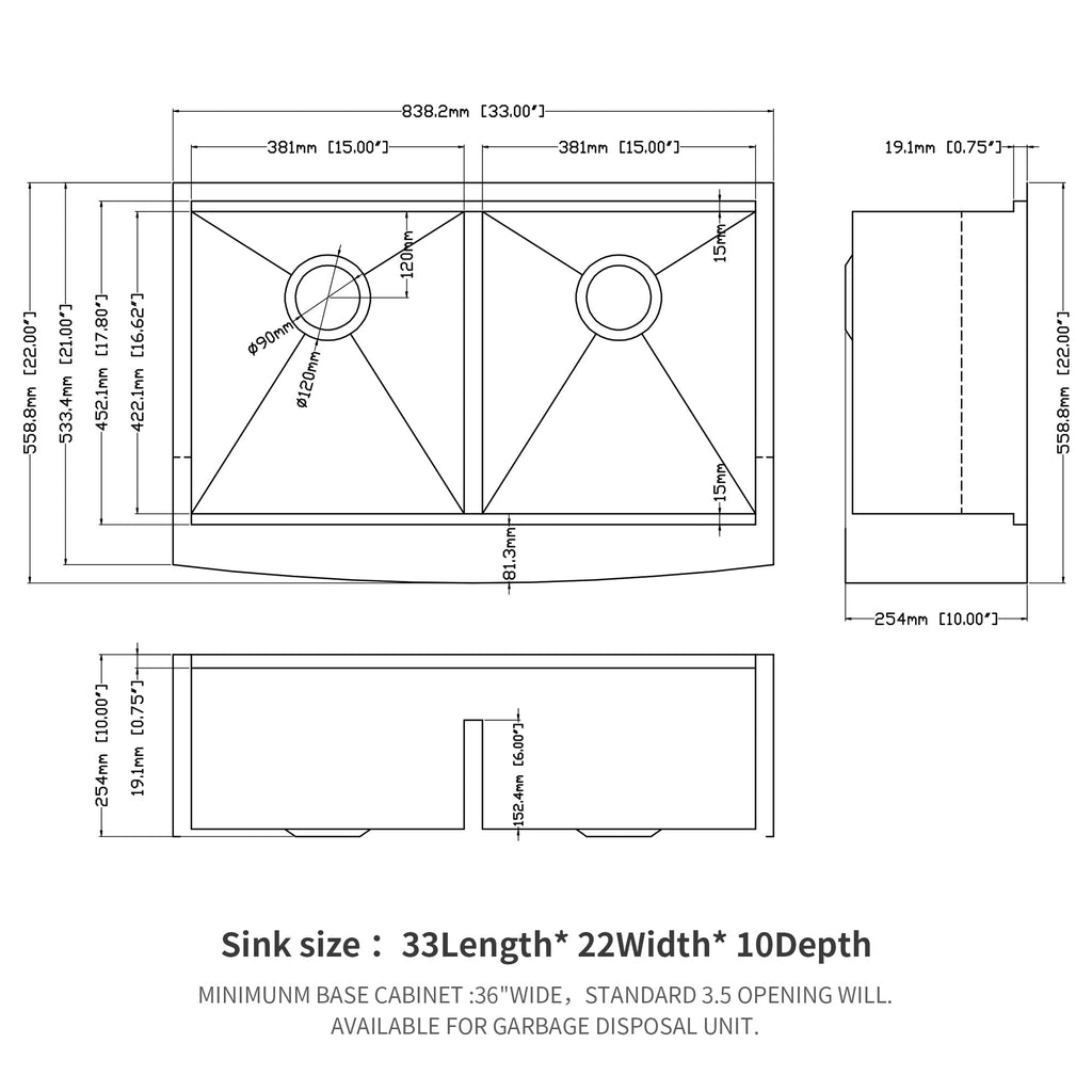 Farmhouse Double Bowl Workstation Kitchen Sink - 33 Inch Stainless Steel 16 Gauge Apron Front, Brushed Nickel Finish