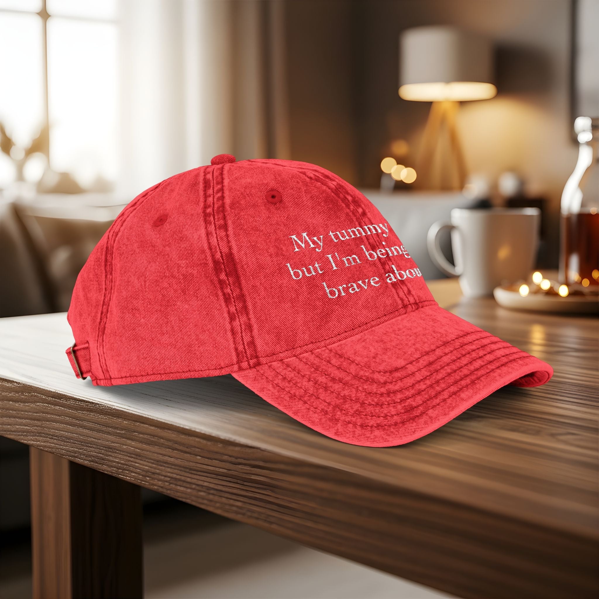 Bespattered Facade "My Tummy Hurts" White Embroidered Vintage Cap