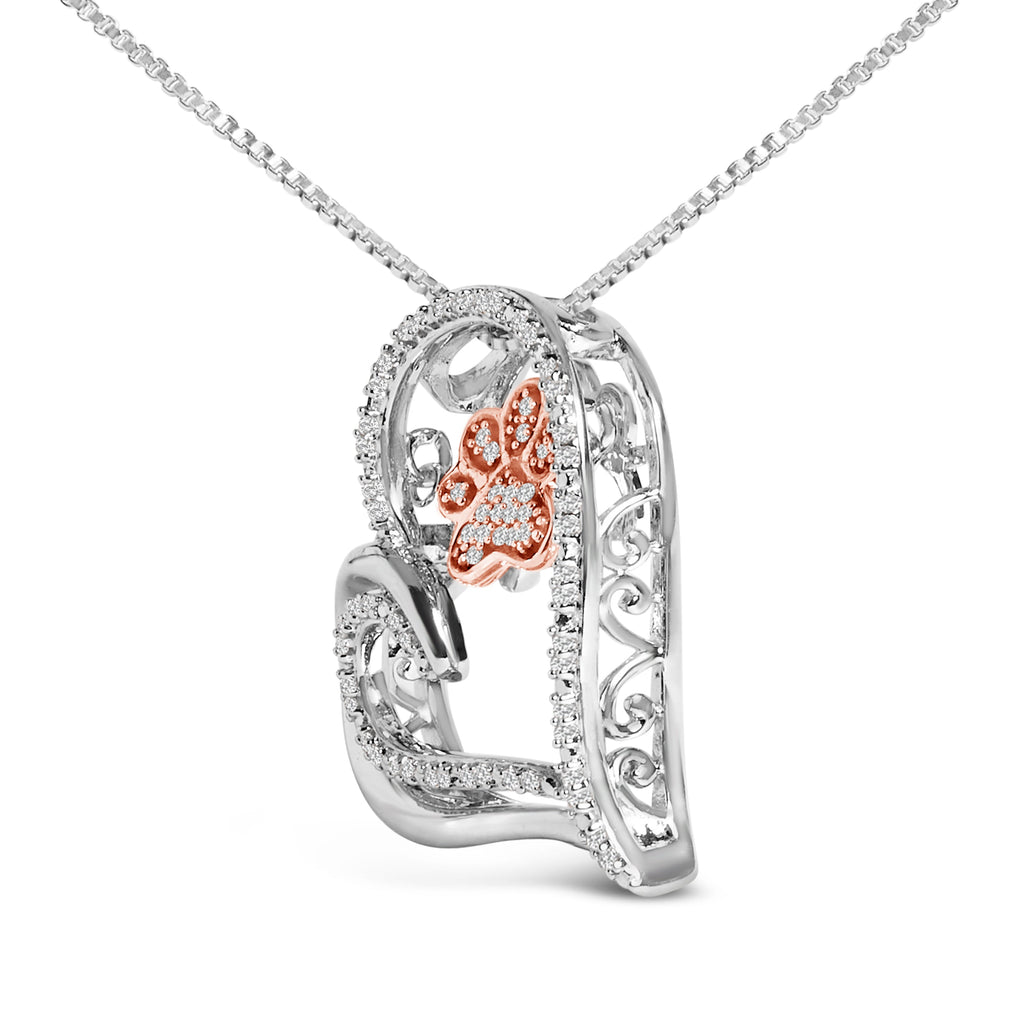 14K Rose Gold Plated Sterling Silver 1/10 Cttw Diamond Paw & Heart Pendant Necklace
