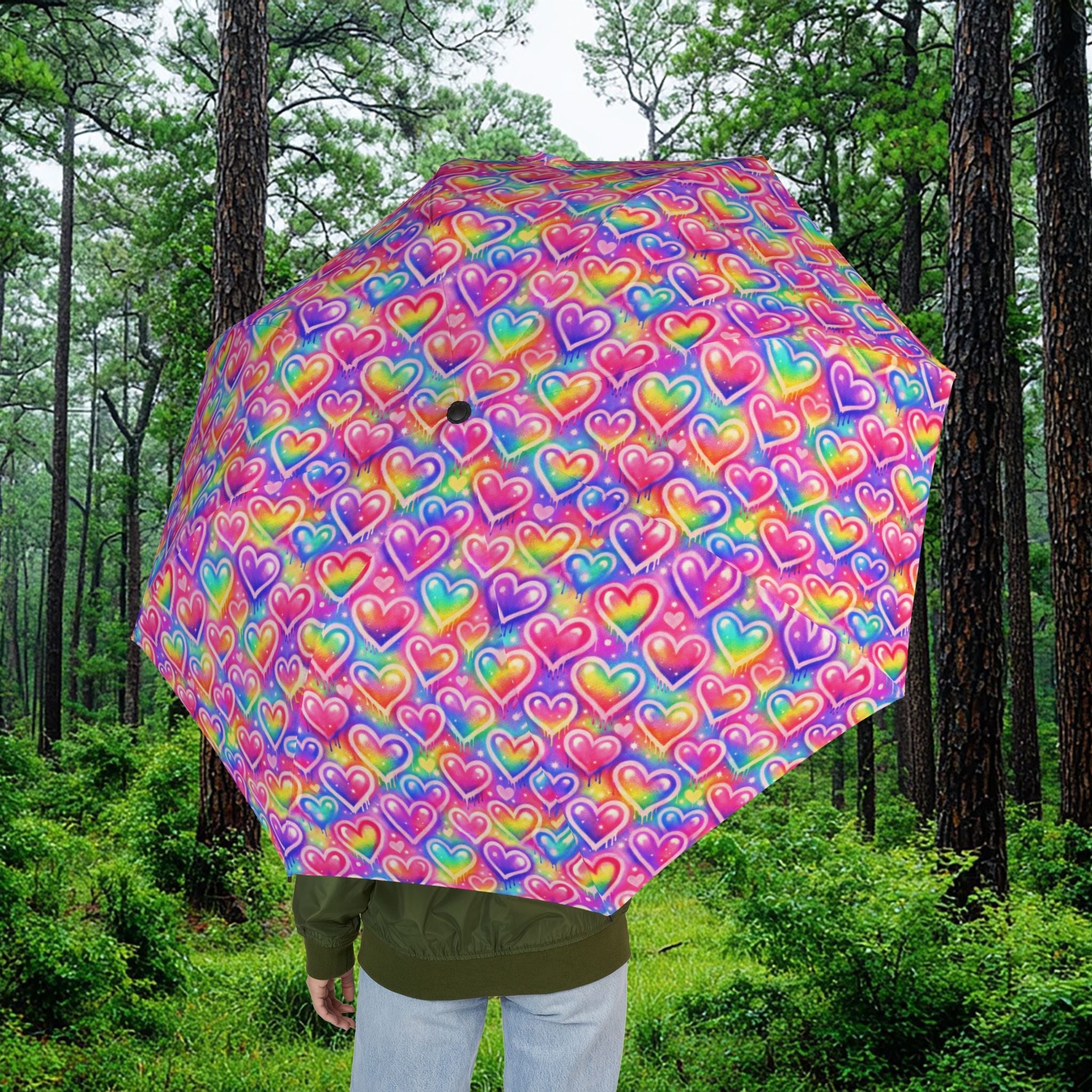 Rainbow Hearts Foldable Umbrella — Compact Semi-Automatic Rain Parasol