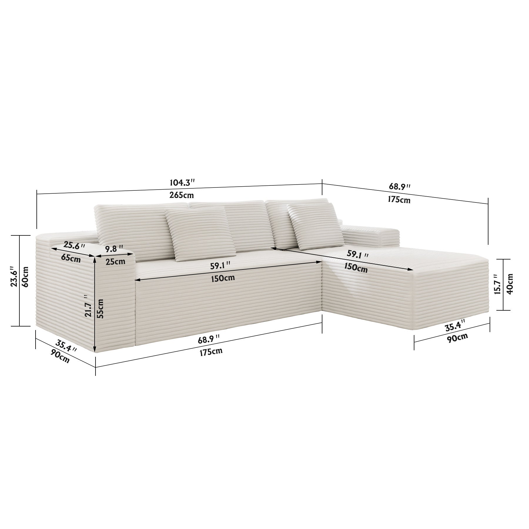 104.3*68.9'Modular sectional sofa seat,Upholstered compressed couch for living room,Bedroom,Apartment,No assembly required,2PC free combination,Plush corduroy fabric,WHTIE