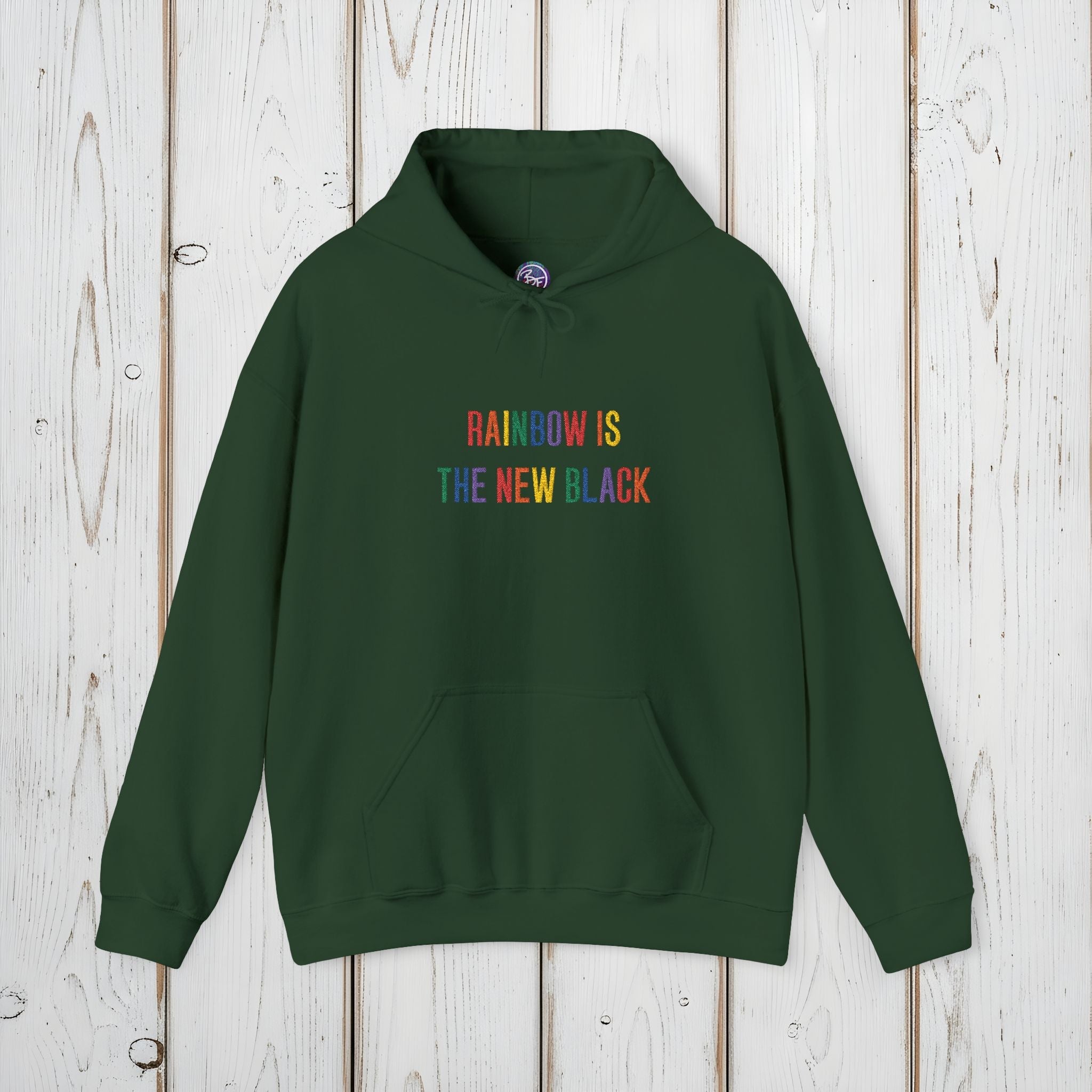 Bespattered Facade "Rainbow Is the New Black" Colorful Embroidered Unisex Heavy Blend™ Hooded Sweatshirt