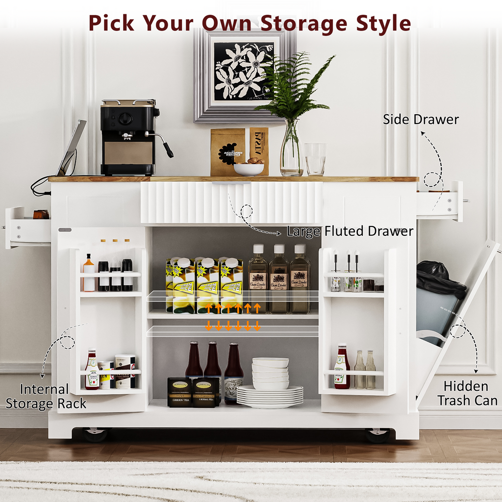 K&K Fluted Kitchen Island with Trash Can Storage Cabinet, Power Outlet, Internal Storage Rack, Rolling Kitchen Islands on 5 Wheels with 3 Drawer, 3 Open Side Racks for 10 Gallon Garbage Bin, White