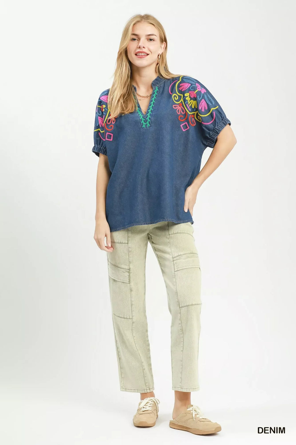 Umgee Embroidered Denim Puff Sleeve Top