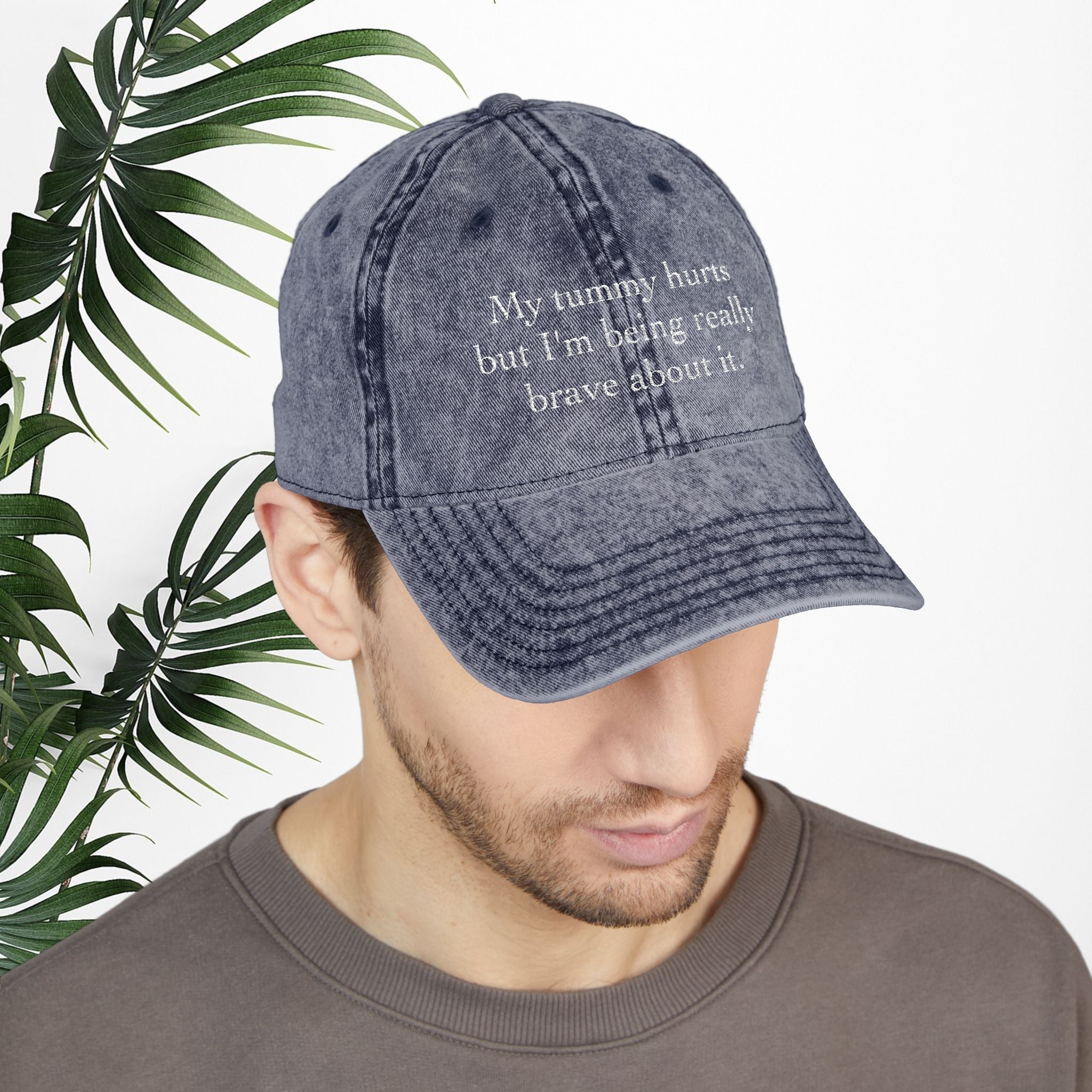 Bespattered Facade "My Tummy Hurts" White Embroidered Vintage Cap