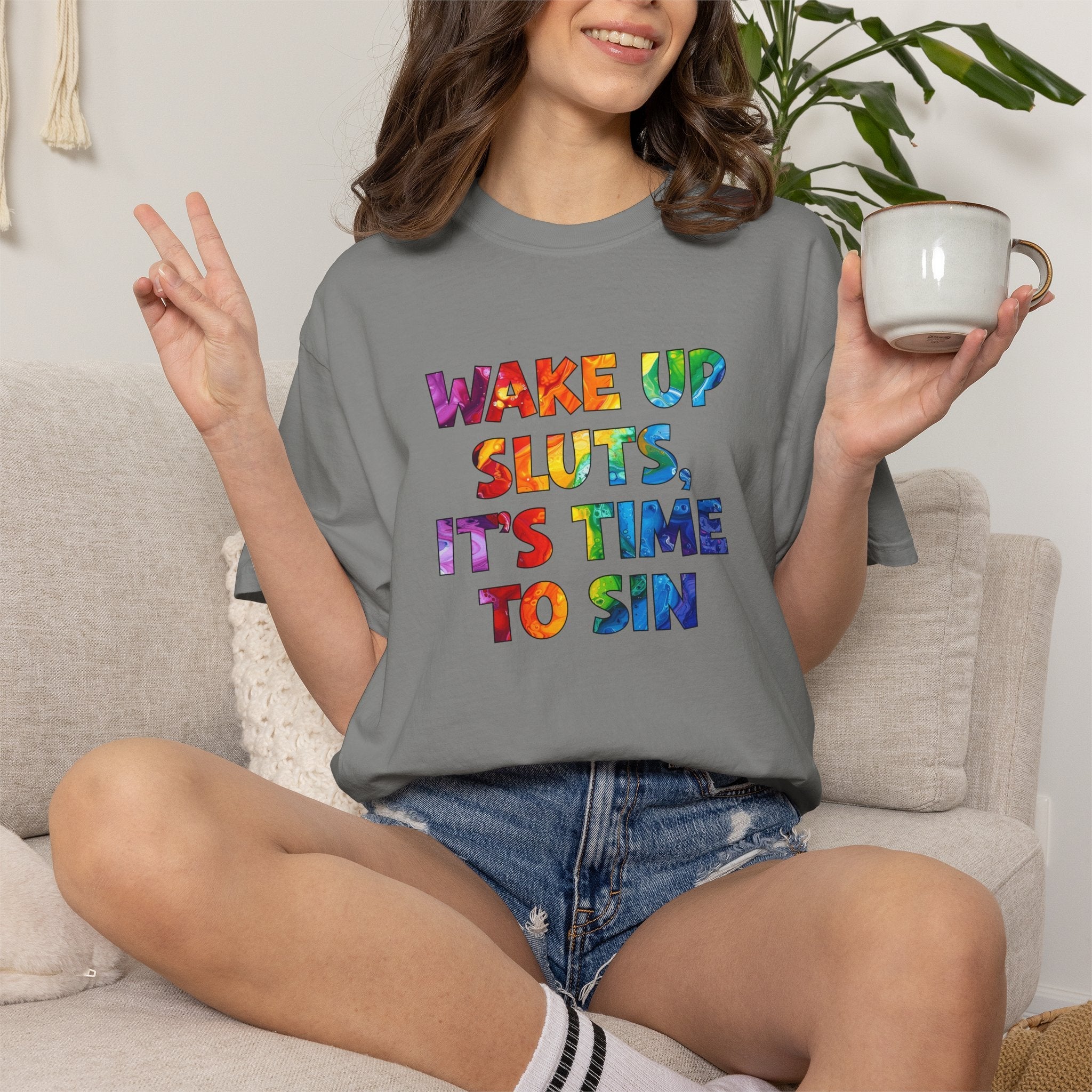 Bespattered Facade Rainbow Wake Up Colorful LGBTQ+ Pride Premium Unisex Comfort Colors Garment Dyed 100% Cotton T-Shirt