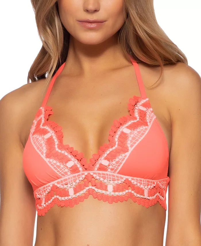 Becca Delilah Solid Crochet Trim Halter Bikini Top, Size Small