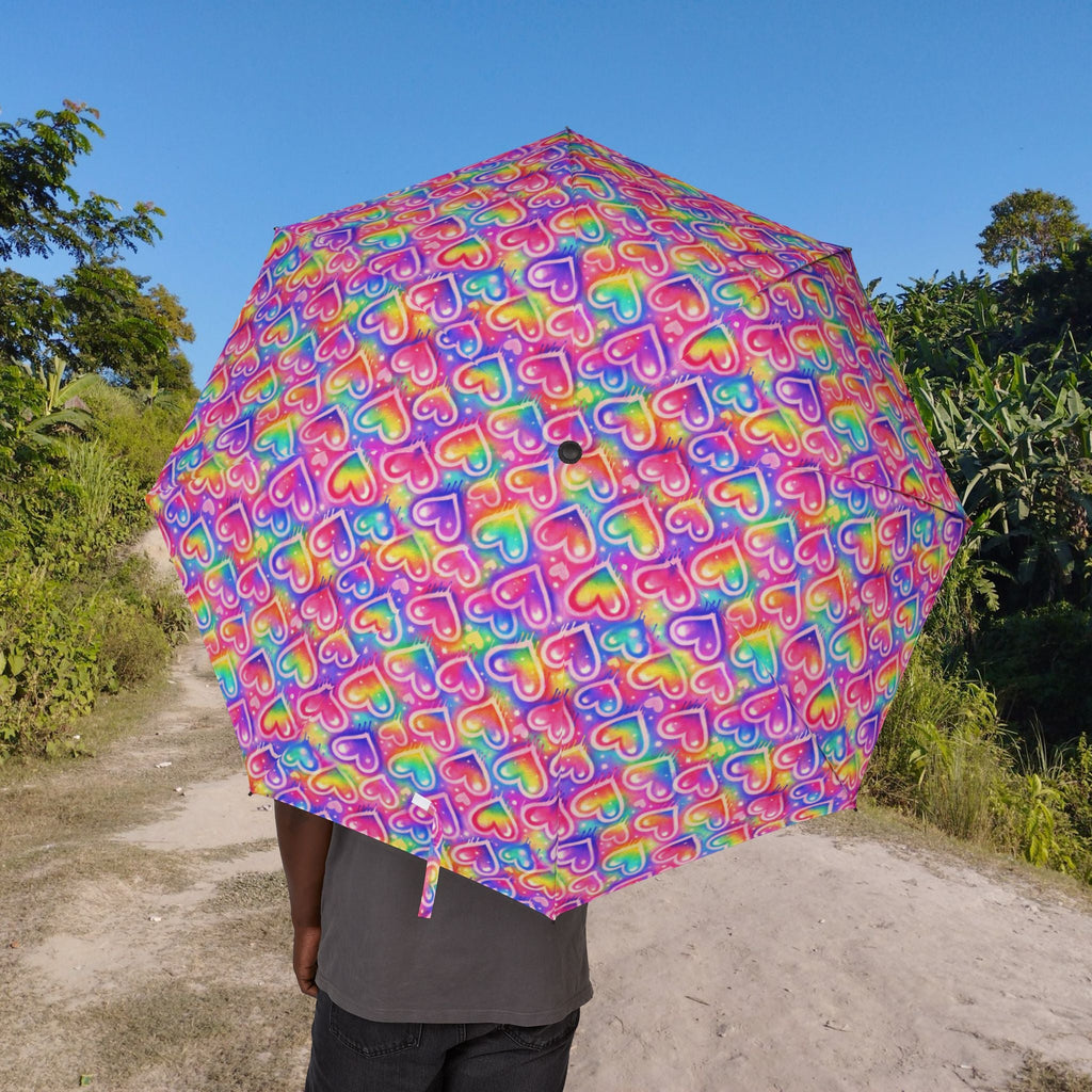 Rainbow Hearts Foldable Umbrella — Compact Semi-Automatic Rain Parasol