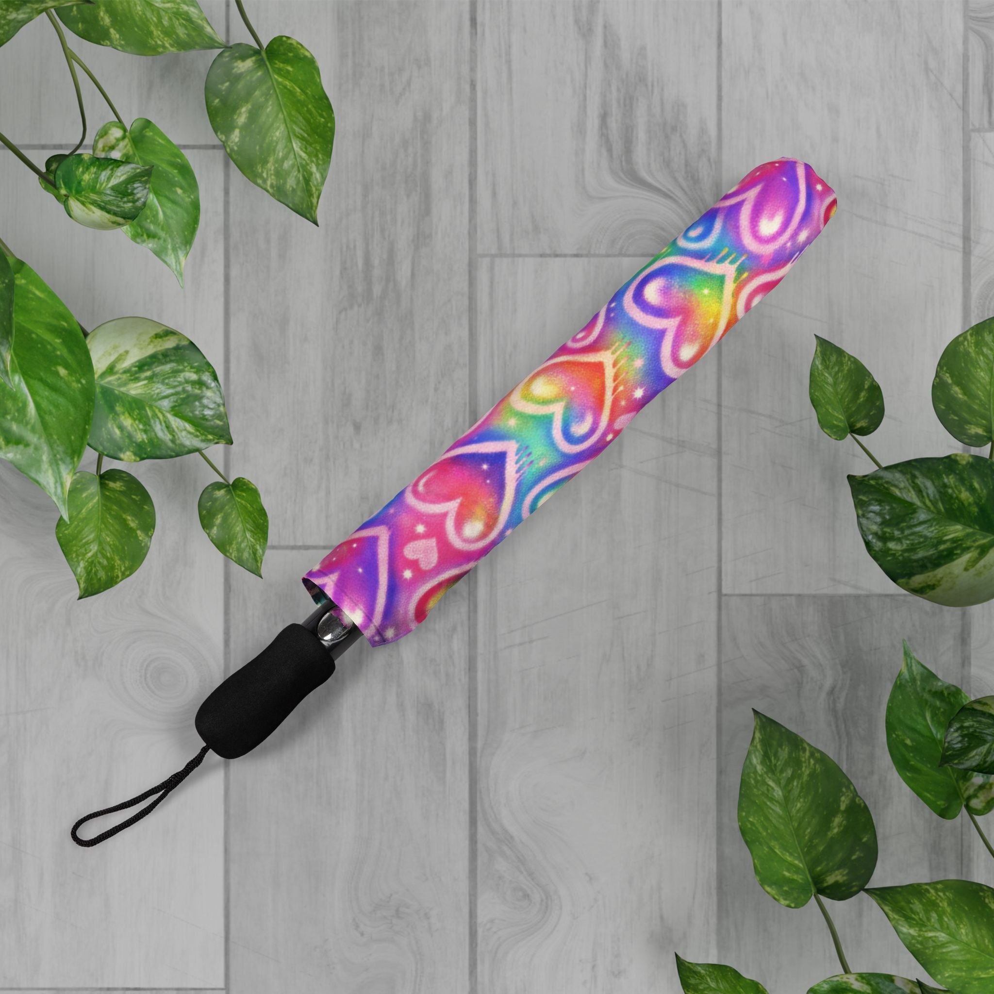 Rainbow Hearts Foldable Umbrella — Compact Semi-Automatic Rain Parasol