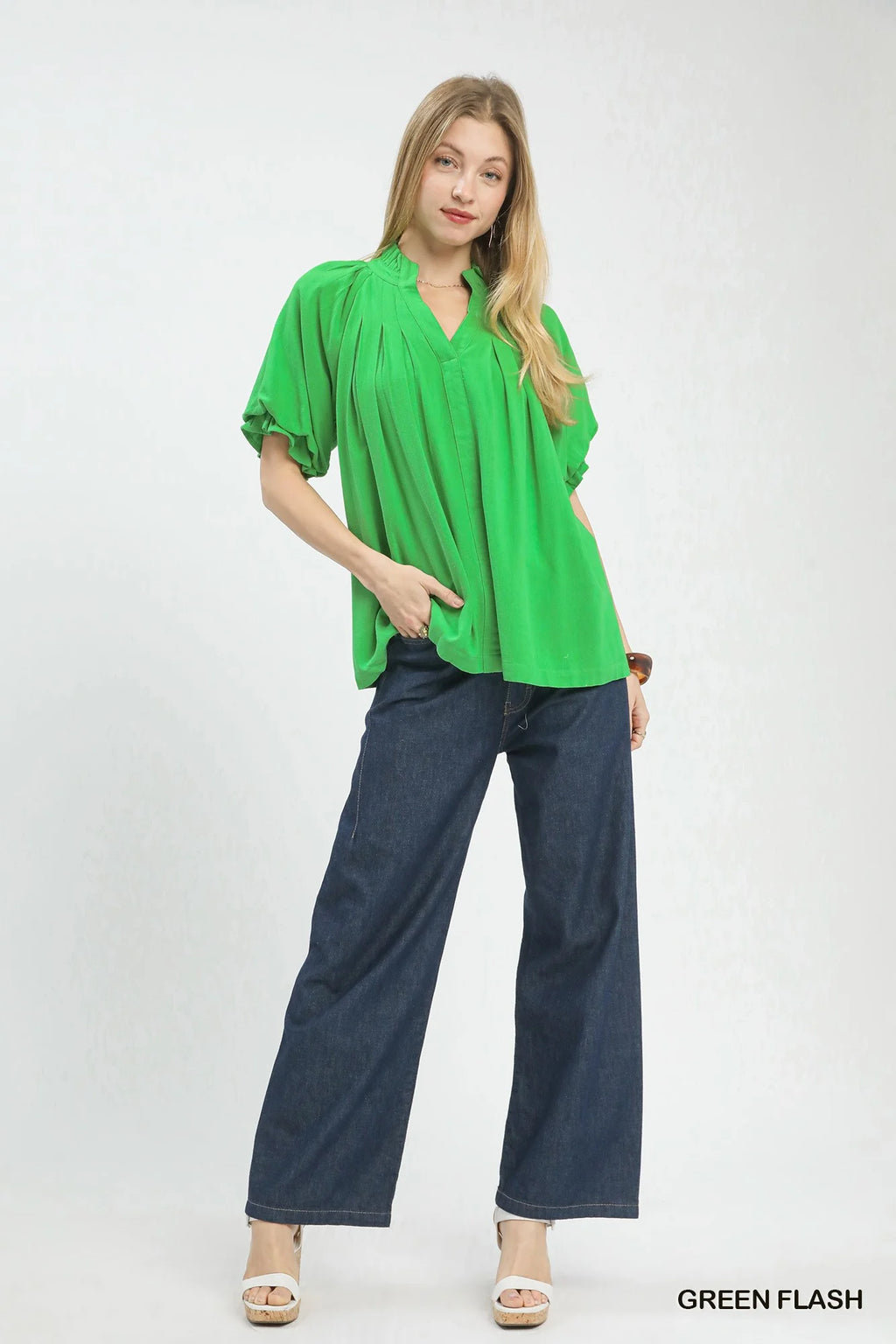 Umgee Linen V-Neck Flutter Sleeve Top