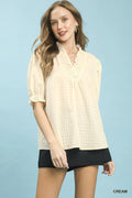 Umgee Textured Check Ruffle V-Neck Blouse