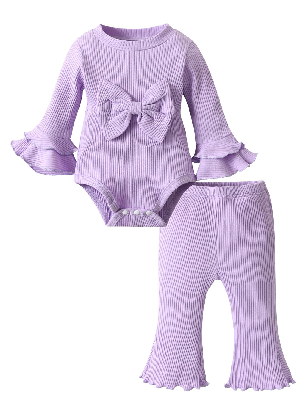 Rebey Baby Girl Clothes Infant 2Pcs Flared Sleeve Knit Ribbed Bow Romper Tops and Bell Bottom Pants Outfits Set (6-9 Months) Purple