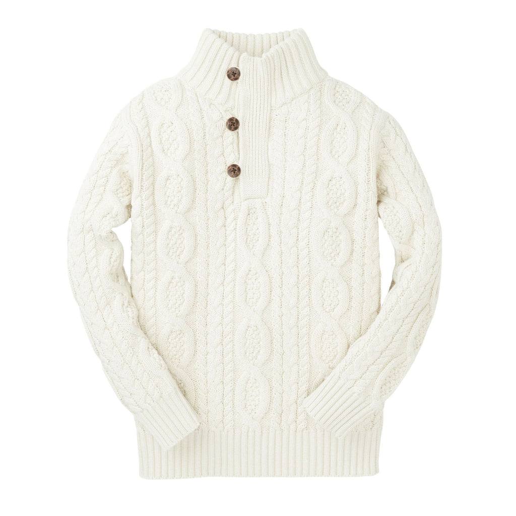 Organic Mock Neck Cable Sweater with Buttons