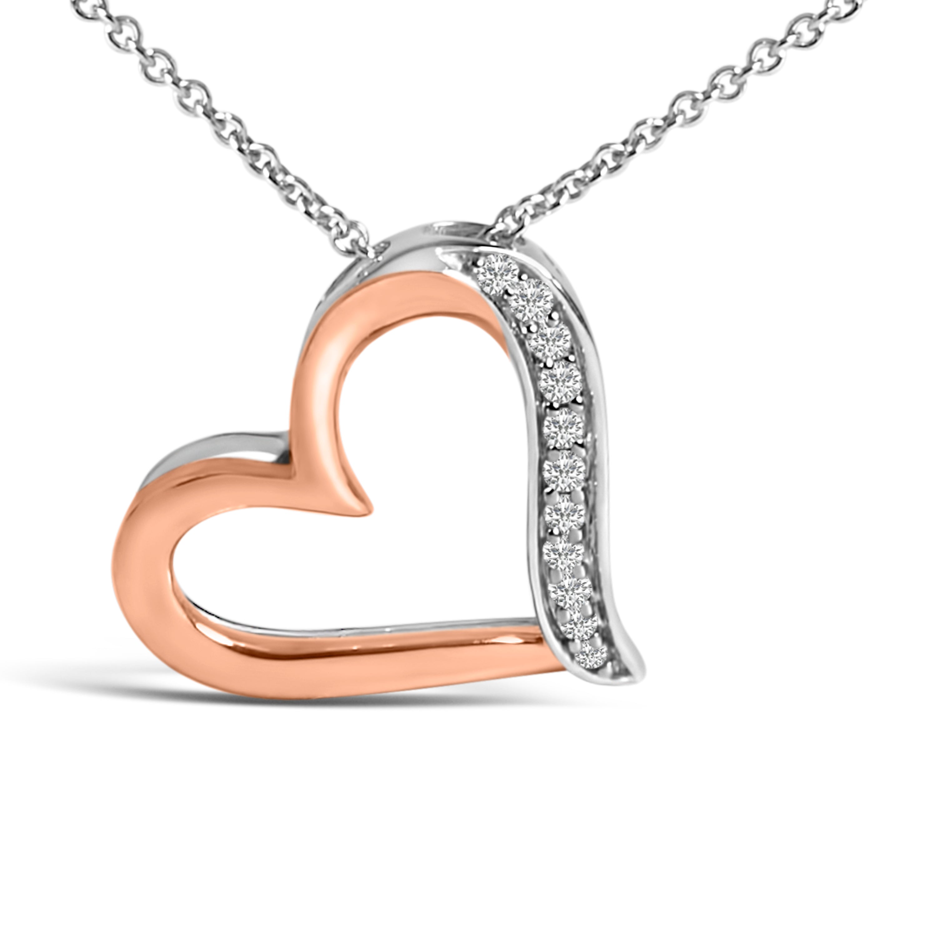 14K Rose Gold Plated Sterling Silver 1/10 Cttw Diamond Open Heart Pendant Necklace