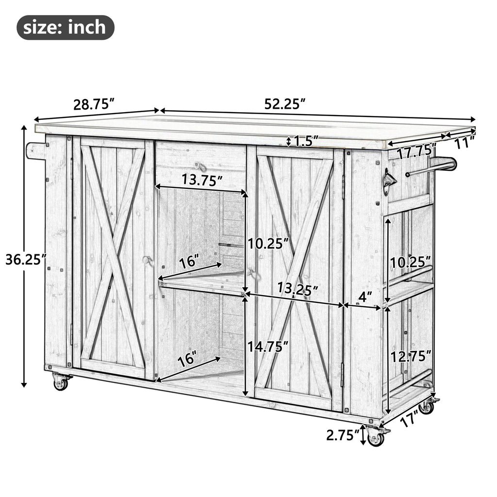 Outdoor Kitchen Island Fir Wood Kitchen Island with Stainless Steel Top, Ample Storage, Towel and Spice Racks, Bottle Opener, Grey