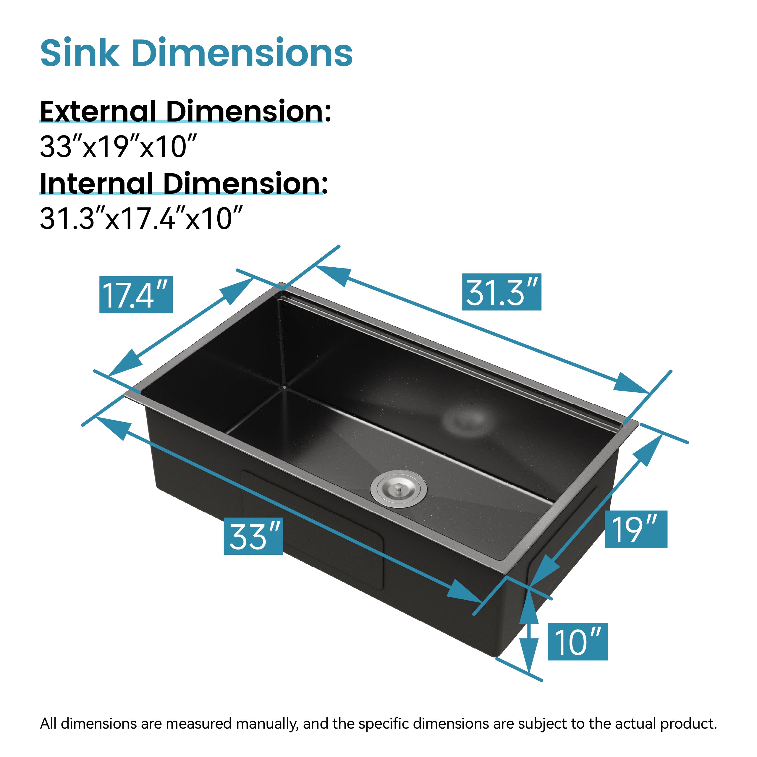 Kitchen Sink 33'x19' Multifunctional undermount Flying Rain Waterfall S304 Stainless Steel Handmade Modern Single Bowl Kitchen Sink Black