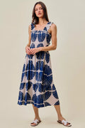 SO ME Abstract Print Smocked Bodice Tiered Lined Midi Dress