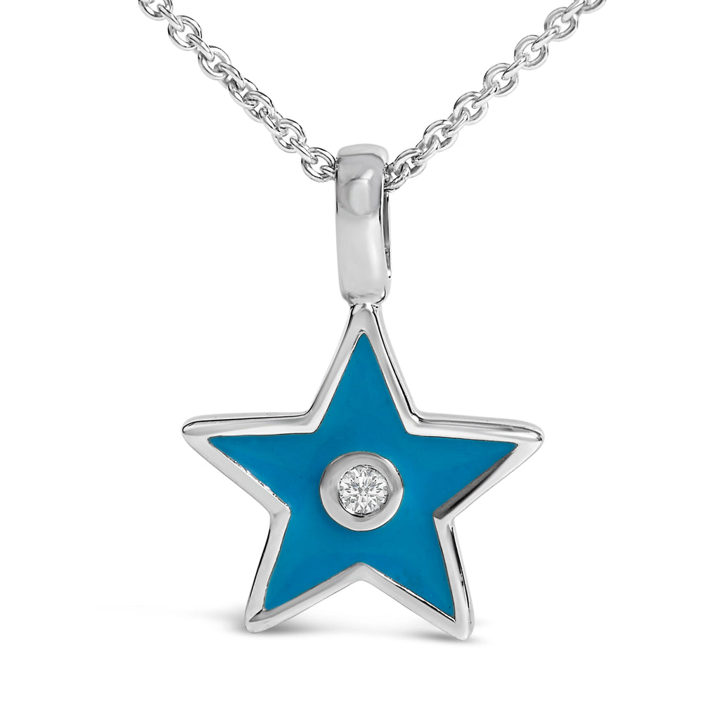 Sterling Silver Blue Enamel and Diamond Accent Star Pendant Necklace