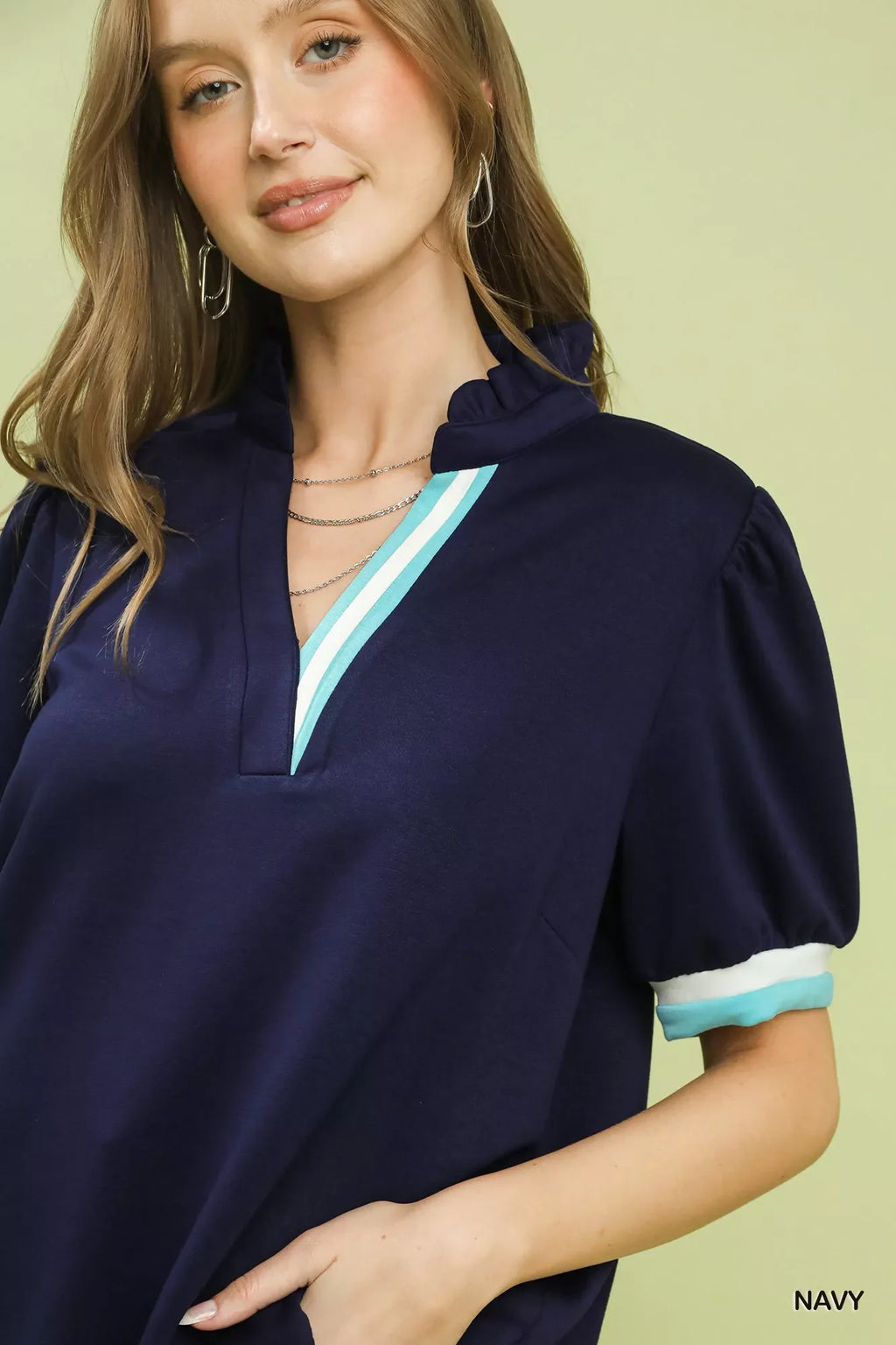 Umgee Luxe knit Contrast Trim Puff Sleeve Top