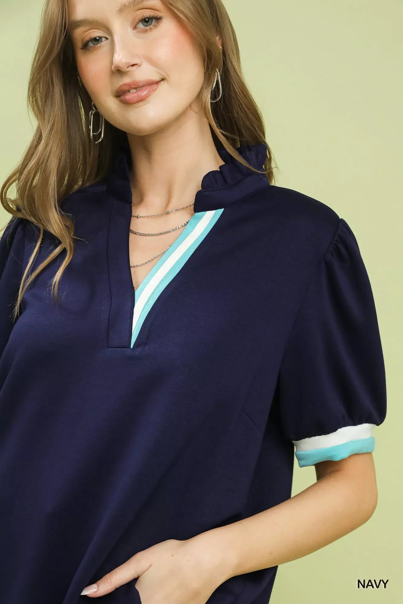 Umgee Luxe knit Contrast Trim Puff Sleeve Top