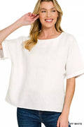 Zenana Linen Round Neck Cuffed Sleeve Top