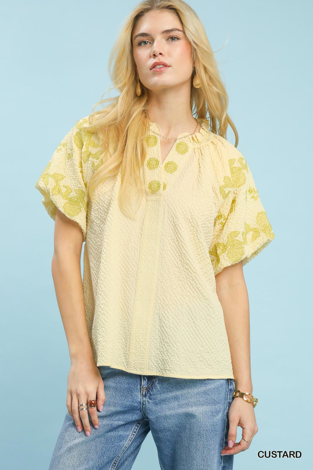 Umgee Embroidered Textured Flutter Sleeve Top