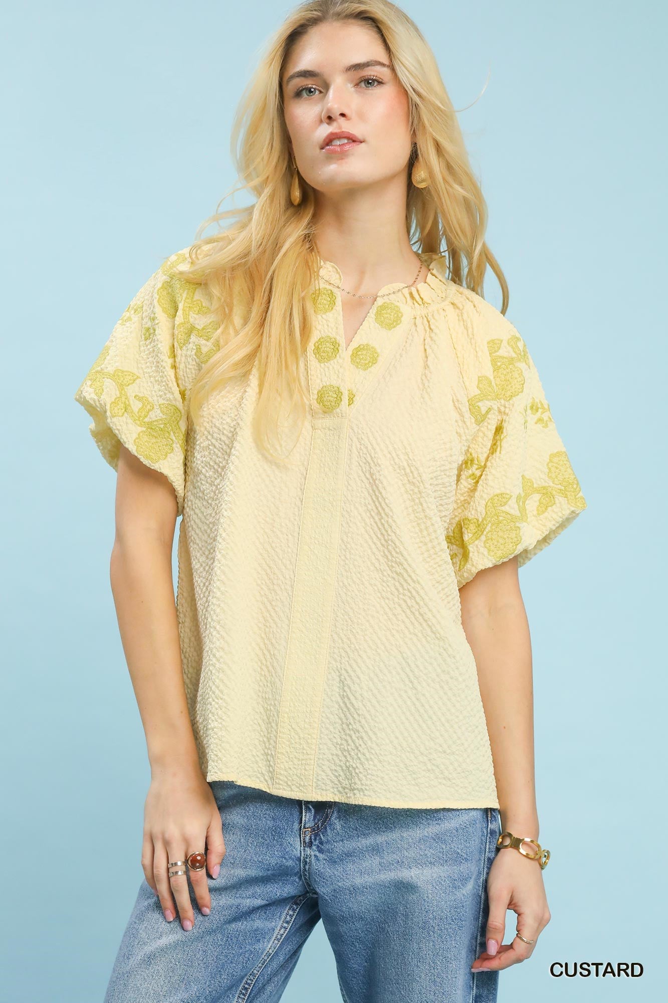 Umgee Embroidered Textured Flutter Sleeve Top