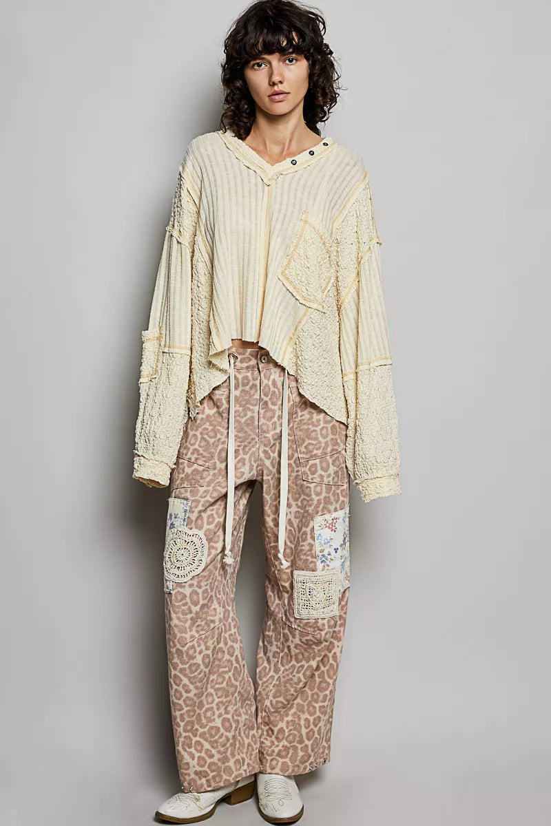 POL V-Neck Long Sleeve Top with Stitch Detail