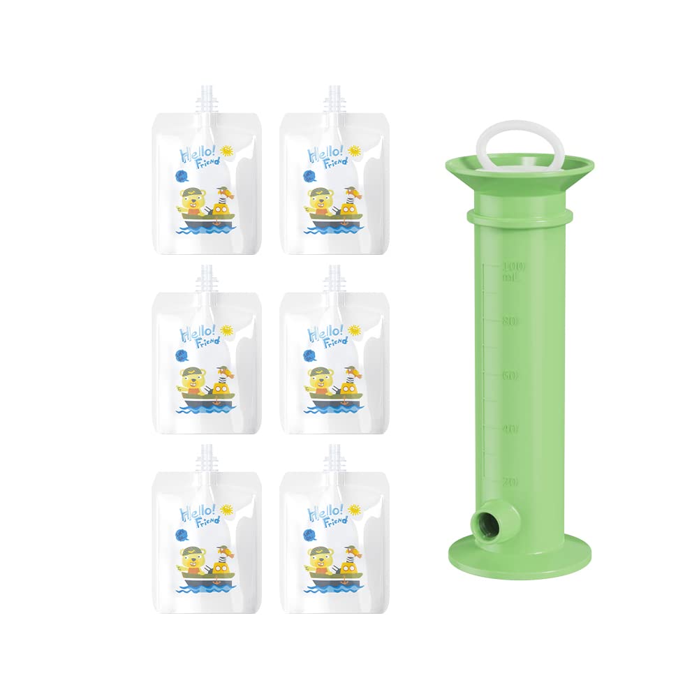 7 PCS Kit Baby Food Pouch Maker Toddler Fruit Squeeze Puree Filler for Kids Pure Color Pouches (Green)