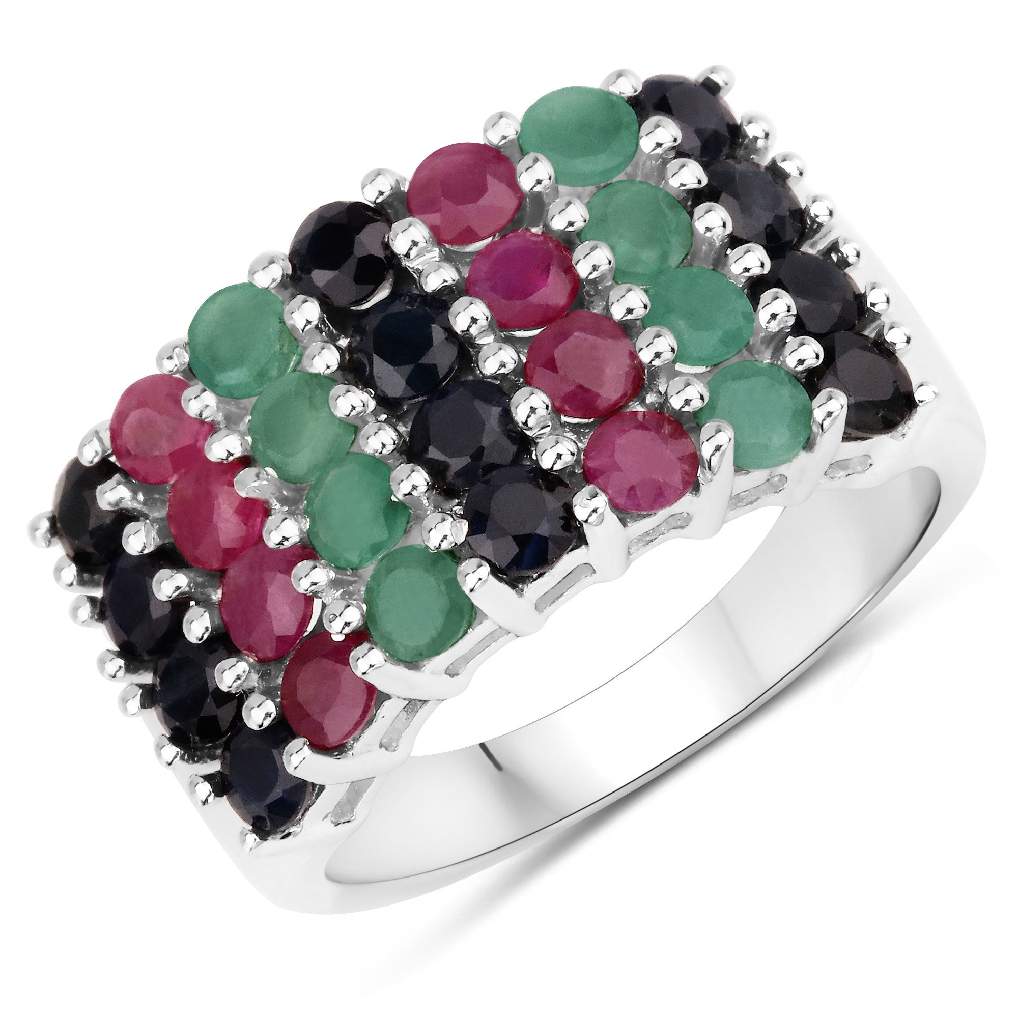 "3.40 Carat Genuine Emerald, Ruby and Black Sapphire .925 Sterling Silver Ring