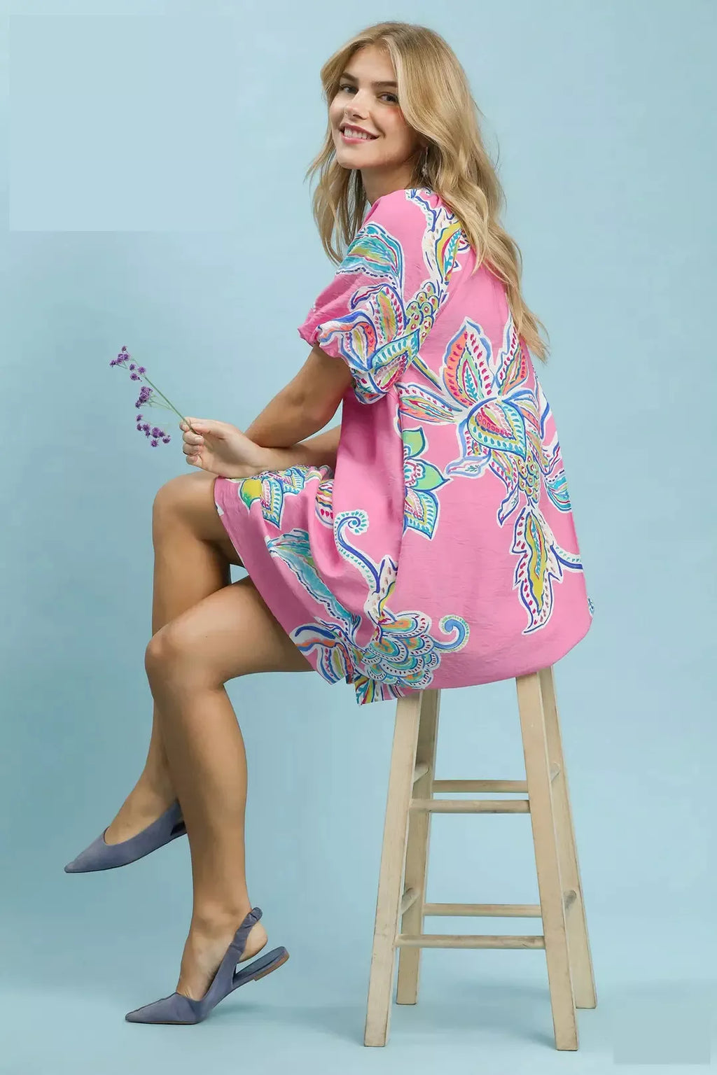 Umgee Boho Floral Print Mini Dress with Pockets