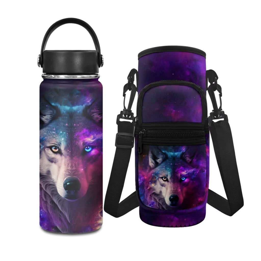 ZUXONGSY Wolf 18 OZ Stainless Steel Water Bottle for Boys 2 Pcs Water Bottle Holder Carrier Sling Water Bottle Pouch Sleeve Insulated Water Bottle with Shoulder Strap