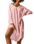 Ekouaer Womens Nightgown Long Sleeve Sleepshirt V Neck Nightshirt Casual Loungewear Soft SleepwearPinkL