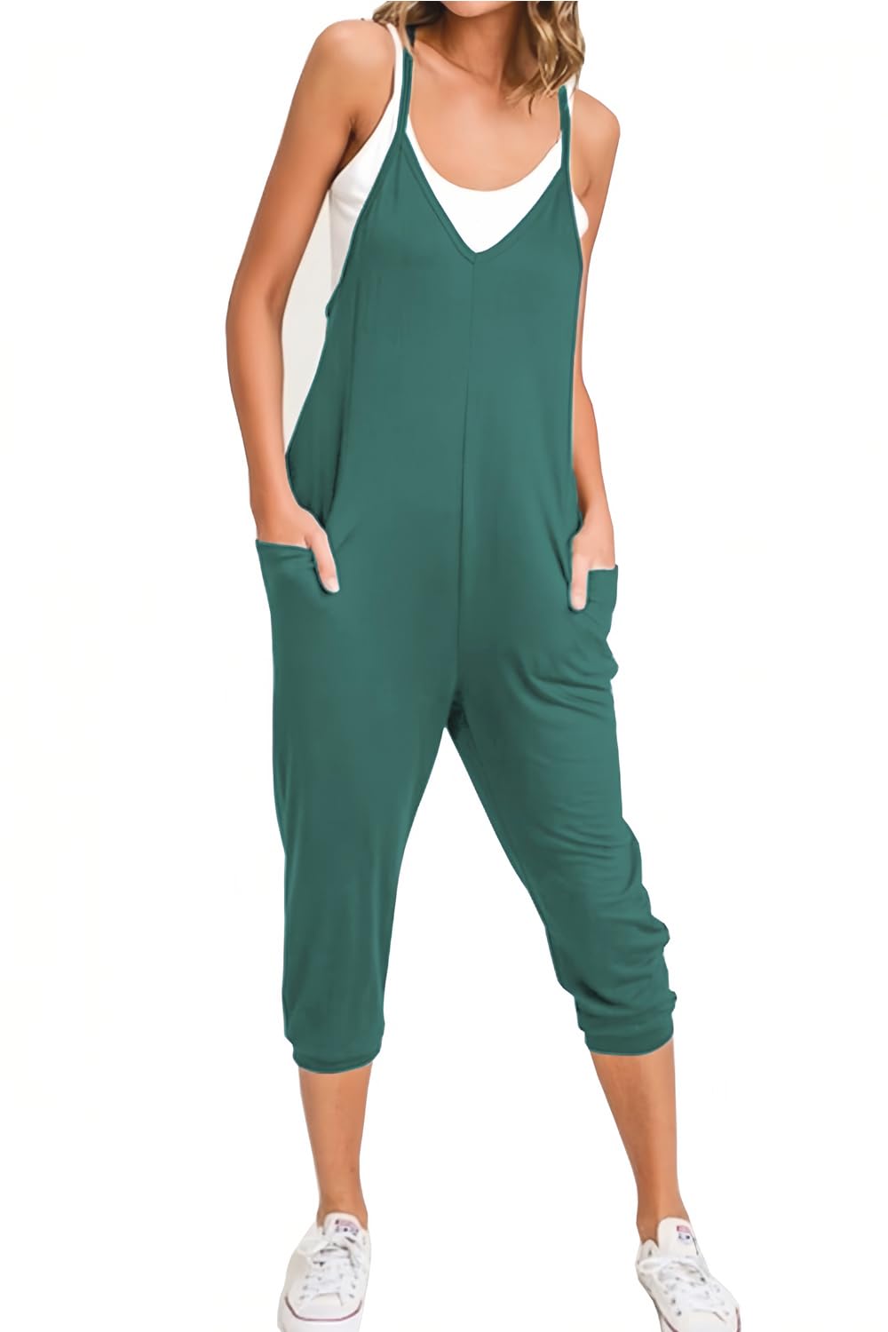 LAVIQK Womens Deep V Neck Jumpsuit Adjustable Spaghetti Strap Skinny Leg Jumpsuit Loungewear Casual Solid Sleeveless Romper Capri Length Jumpsuit