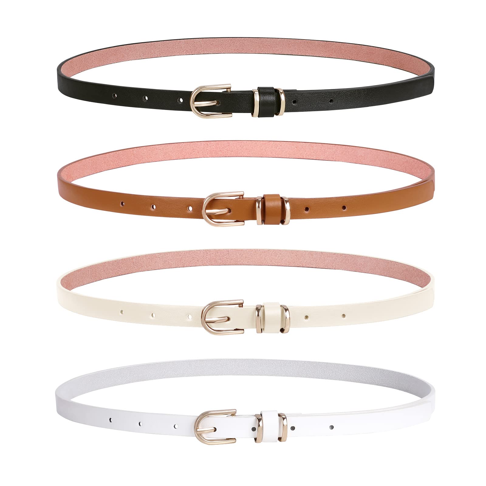 LEACOOLKEY 4 PACK Skinny Leather Belt for Women Dress Thin Waist Belt with Gold Buckle for Jeans