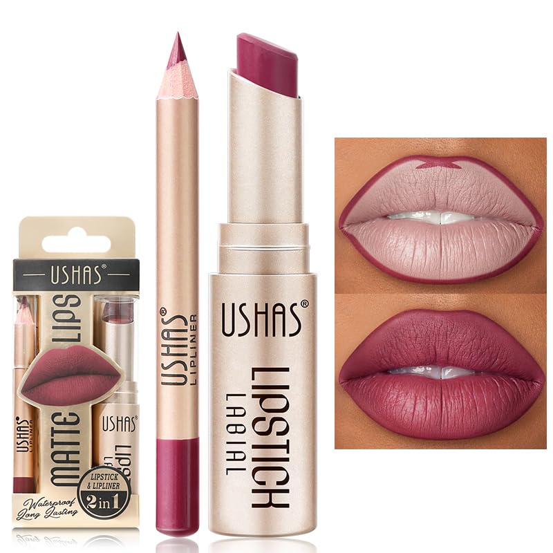 USHAS Lipstick and Lip Liner Combo Set 2 in 1 Waterproof Lipstick for Women Lip liner Set Long Lasting Lipstick Matte Lipstick Pen with Lip Liner Set Makeup Kits (G2 Pack of 1)