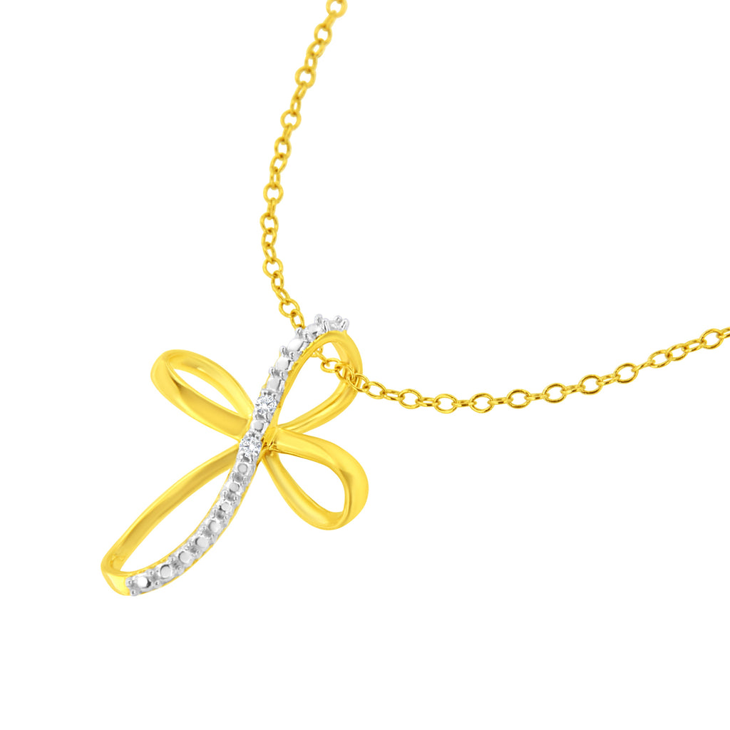 10K Yellow Gold Plated .925 Sterling Silver Diamond Accent Cross Ribbon 18" Pendant Necklace (I-J Color, I2-I3 Clarity)