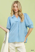 Umgee Gingham Puff Sleeve Collared Blouse