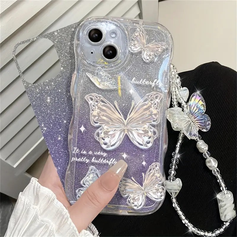 Wave Glitter Butterfly Phone Case with Bracelet for iPhone