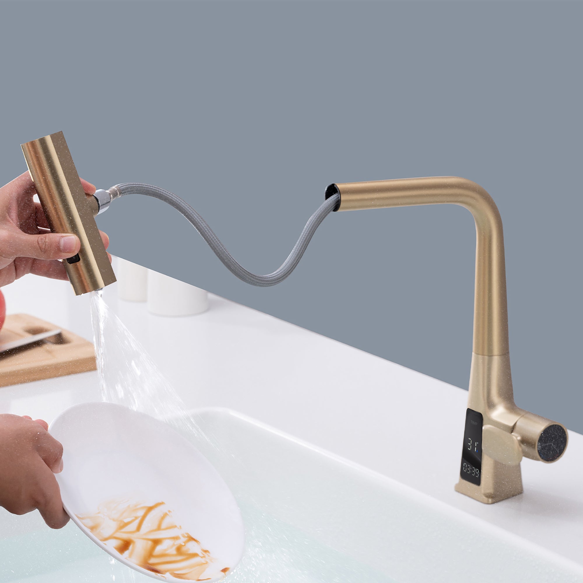 Brushed Gold Waterfall Kitchen Faucet with Temperature Display and Pull Down Sprayer