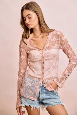 BiBi Bow Pattern Shrried V-neck Mesh Cardigan Top