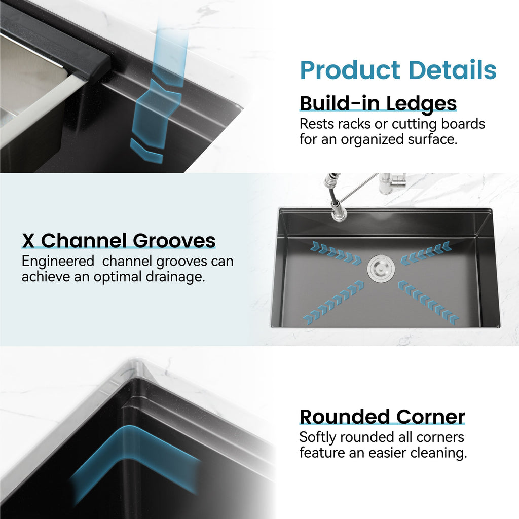 Kitchen Sink 33'x19' Multifunctional undermount Flying Rain Waterfall S304 Stainless Steel Handmade Modern Single Bowl Kitchen Sink Black