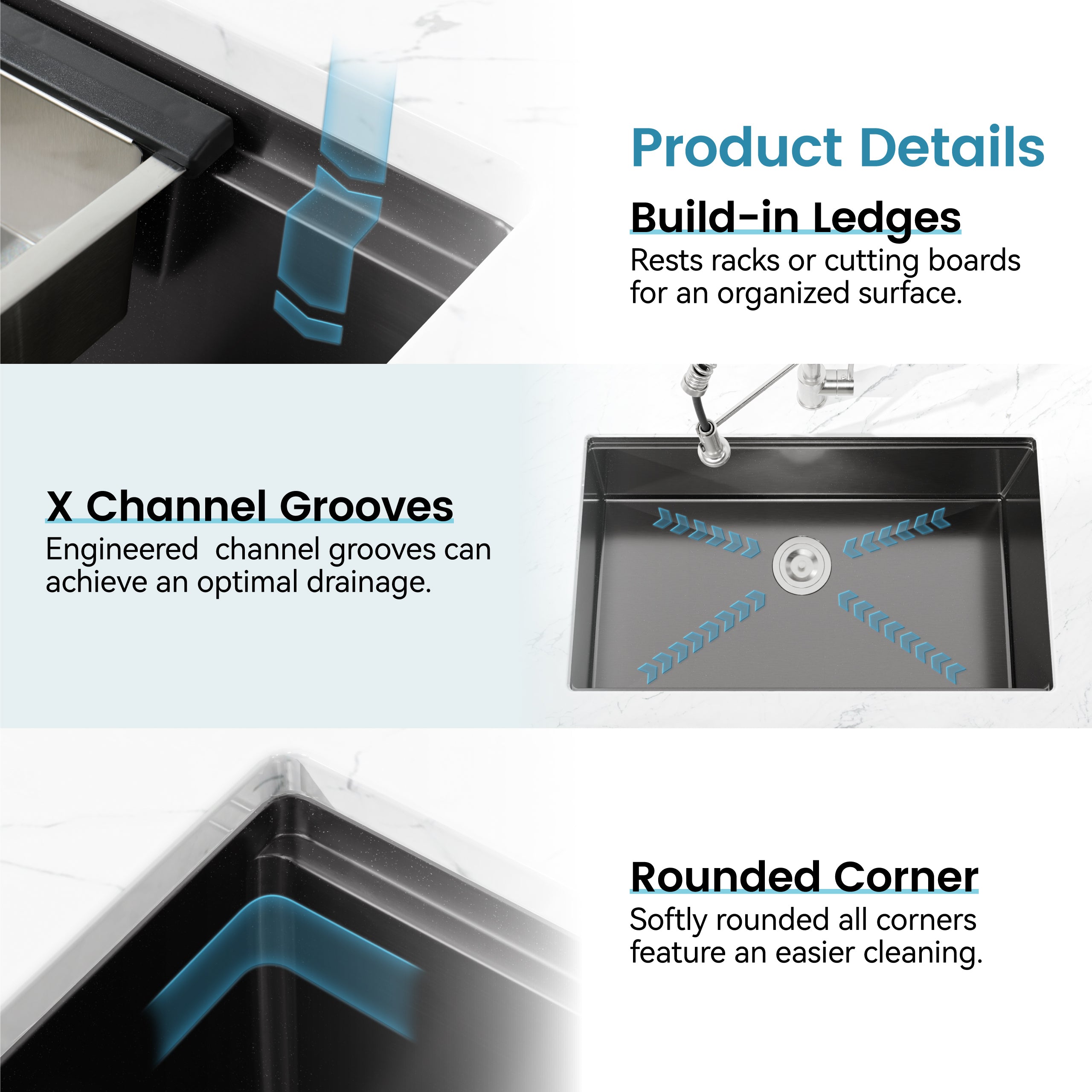 Kitchen Sink 33'x19' Multifunctional undermount Flying Rain Waterfall S304 Stainless Steel Handmade Modern Single Bowl Kitchen Sink Black