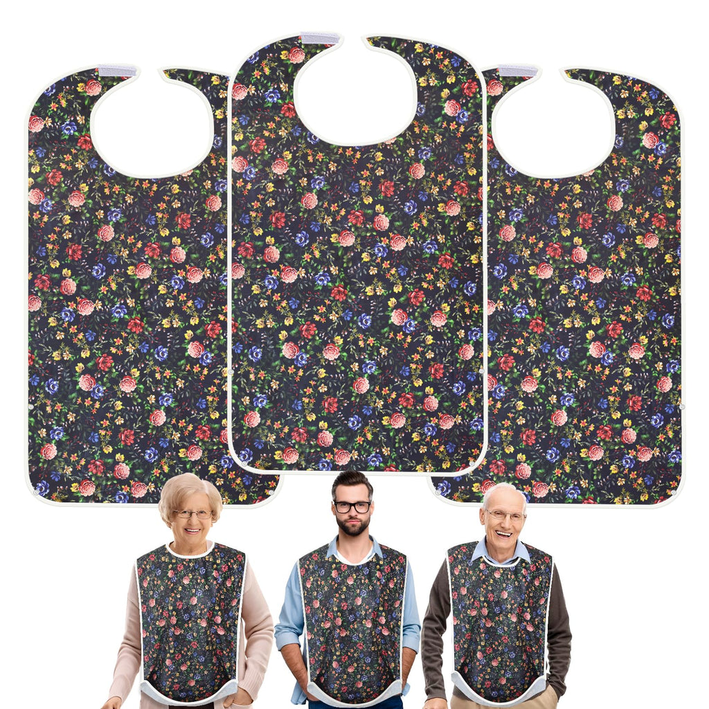 Swaycy 3 Pcs Adult Bibs for Elderly Women Washable Clothing Protector with Crumb Catcher Adult Bib for Men Women and Disabled Adjustable Waterproof Reusable (Black Flowers)