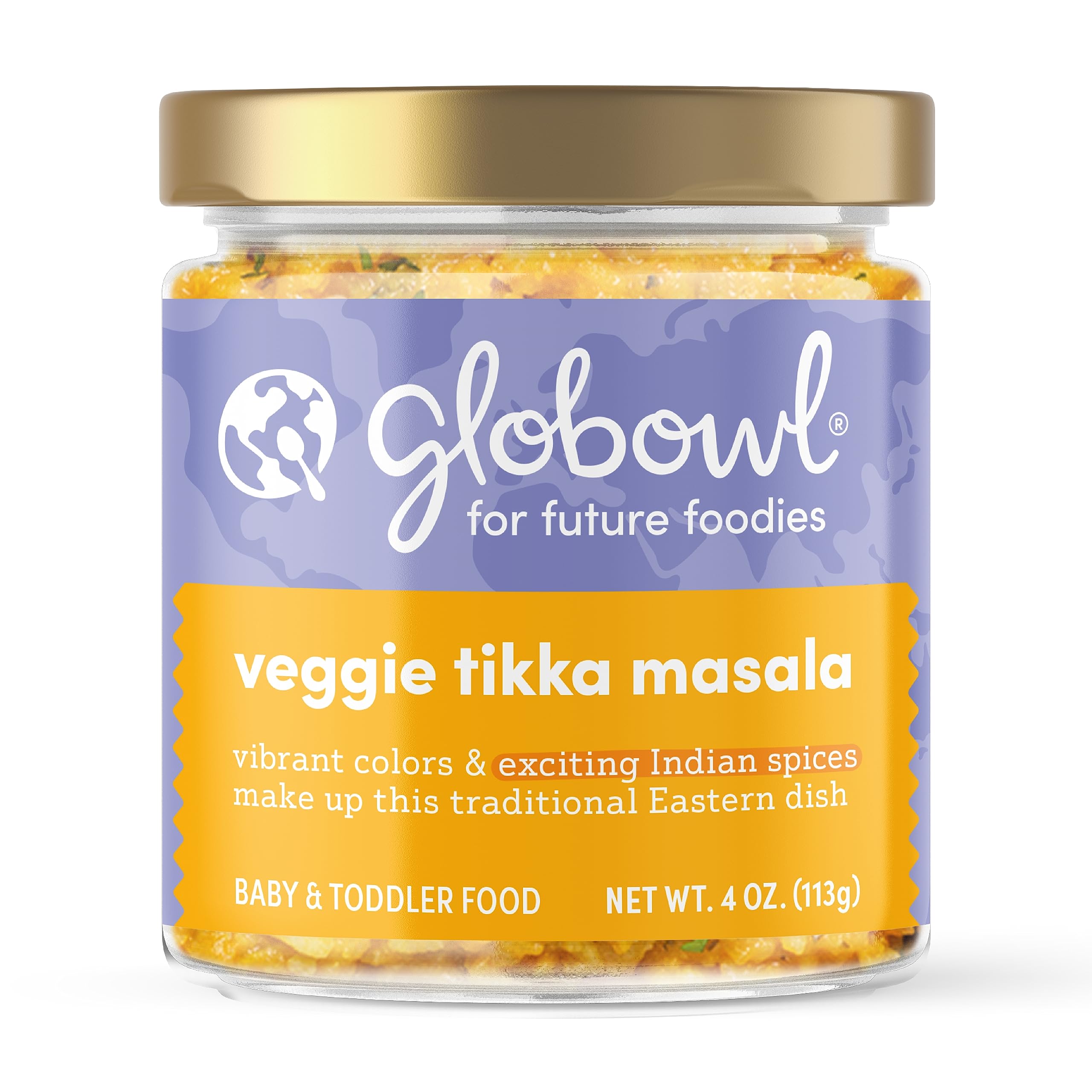 Globowl Stage 3 Baby Food & Toddler Meals 6+ Months Early Allergen Introduction Baby Led Weaning International Whole Food Snacks for Toddlers Babies 4 oz Glass Jar Veggie Tikka Masala