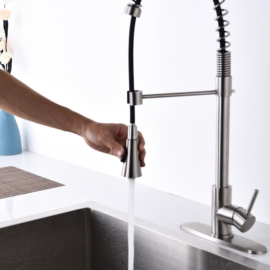 Modern Brushed Nickel Single Handle Spring High Arc Kitchen Faucet with Water Filter System, Stainless Steel