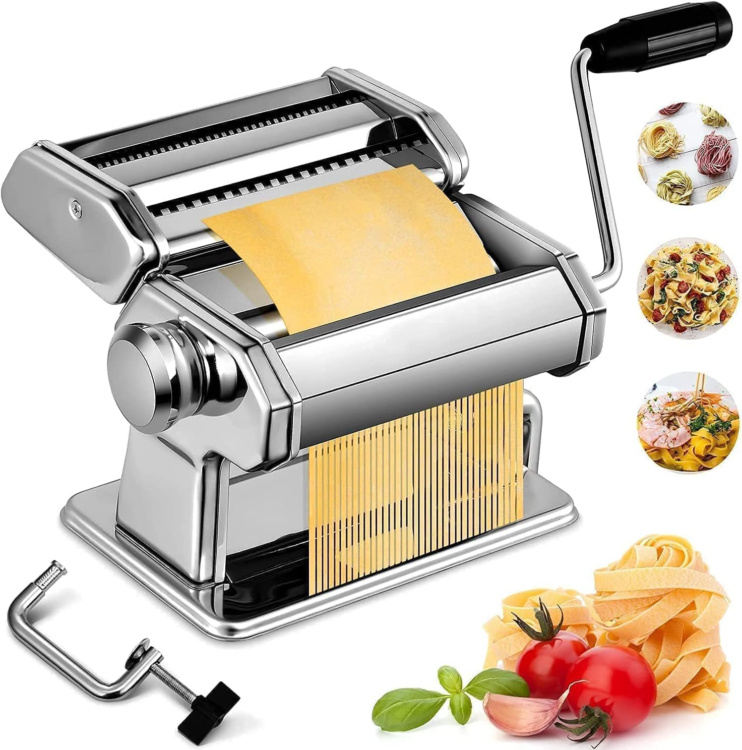 Pasta Maker 150 Roller Pasta Machine 7 Adjustable Thickness Settings Noodles Roller with 2-in-1 Noodles Maker with Rollers and Cutter Perfect for SpaghettiFettuccini Lasagna or Dumpling Skins