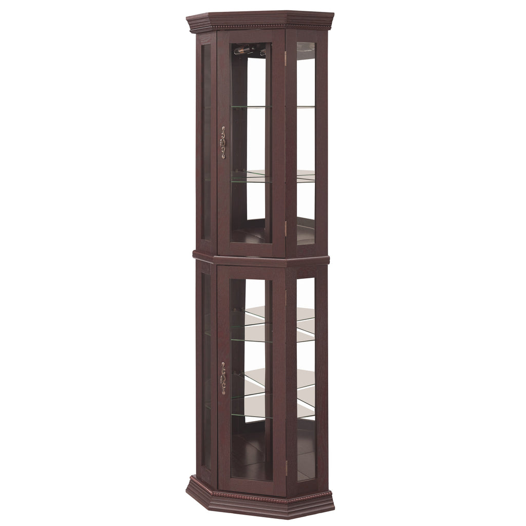 Lighted Corner Curio Cabinet - Glass Display Shelf with Tempered Glass Doors, Adjustable Shelving, and Included Bead Bulb - Ideal Bar Cabinet for Home Decor- DARK CHERRY