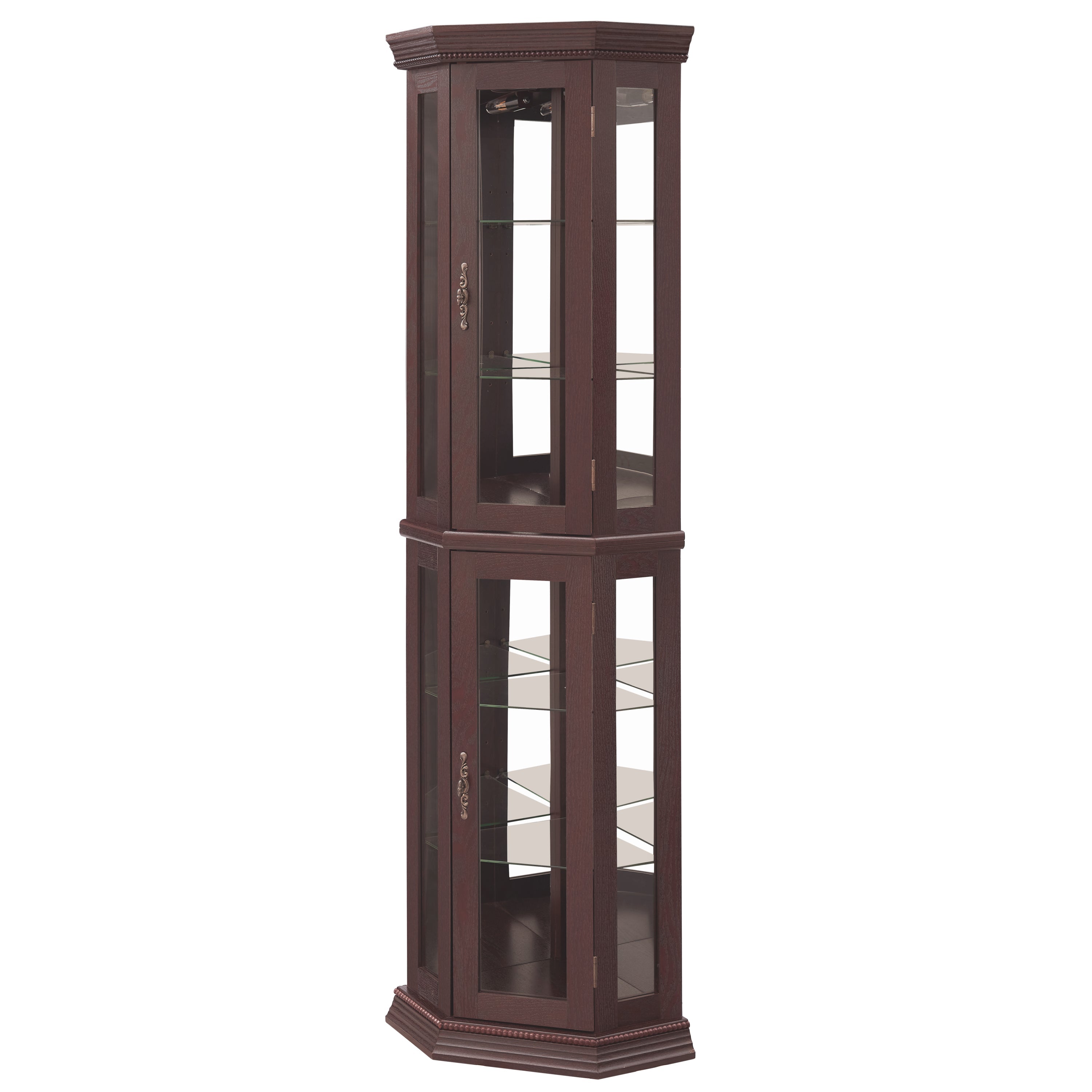 Lighted Corner Curio Cabinet - Glass Display Shelf with Tempered Glass Doors, Adjustable Shelving, and Included Bead Bulb - Ideal Bar Cabinet for Home Decor- DARK CHERRY